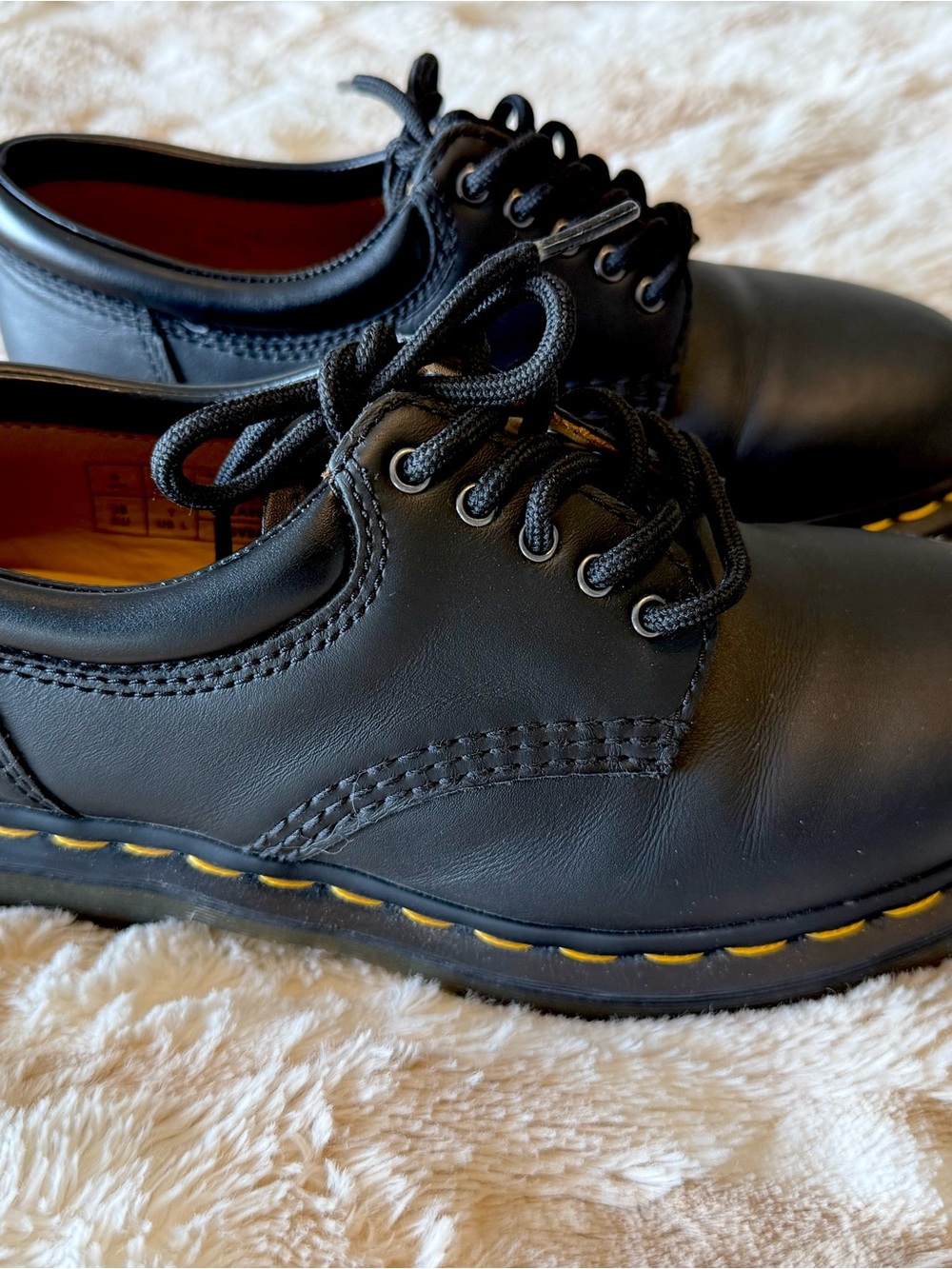 Dr. Martens Black Leather Lace-Up Oxfords with Yellow Stitching